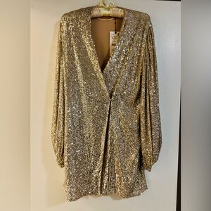 Zara Gold Sequin Wrap Dress NWT